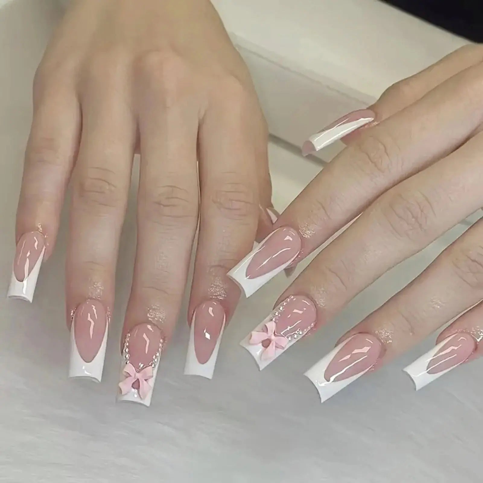 White French Press on Nails 3D Bowknot Fake Nails Tips Full Cover Wearable False Nails for Women and Girls DIY Manicure 24Pcs BareGlow