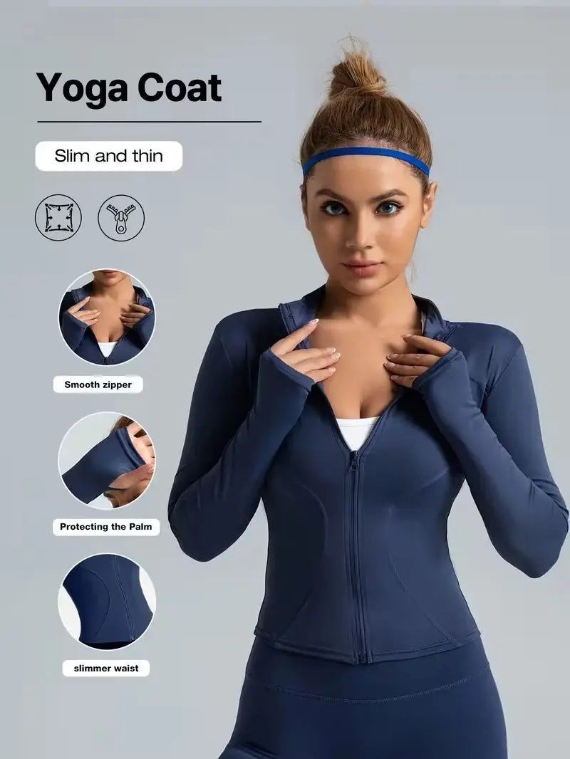 Women Slim Fit Stand Collar Sports Jacket Zip Up Yoga Jacket Quick Dry Slim Waist Running Workout Coat For Spring BareGlow
