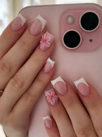 24pcs Short Square White French Flower Acrylic Press-On Nails, Cute Chrome Alloy Gel Manicure Nail Tips, Nail Art Supplies Set (Includes: 1pc Jelly Gel, 1pc Nail File), Suitable For Women Daily, Date, Party BareGlow