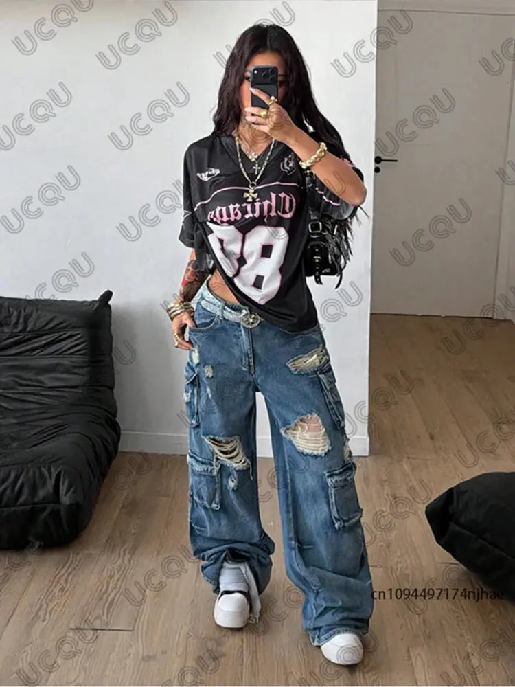 Summer New Chicago No.88 Print T Shirt For Women V-Neck Patchwork Short Sleeve Sports Football Jersey Y2K Loose Oversized Tops BareGlow