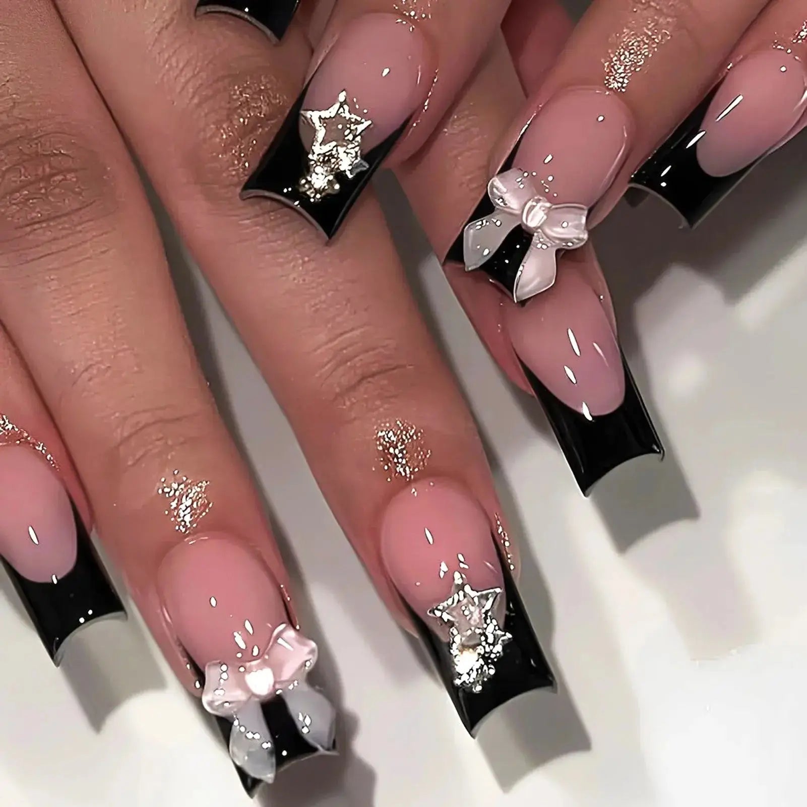 24Pcs French Square Press On Nails Dark Style Matte Finish Press On Nails Artificial Manicure Tool Nail Tips Wearable Fake Nails BareGlow