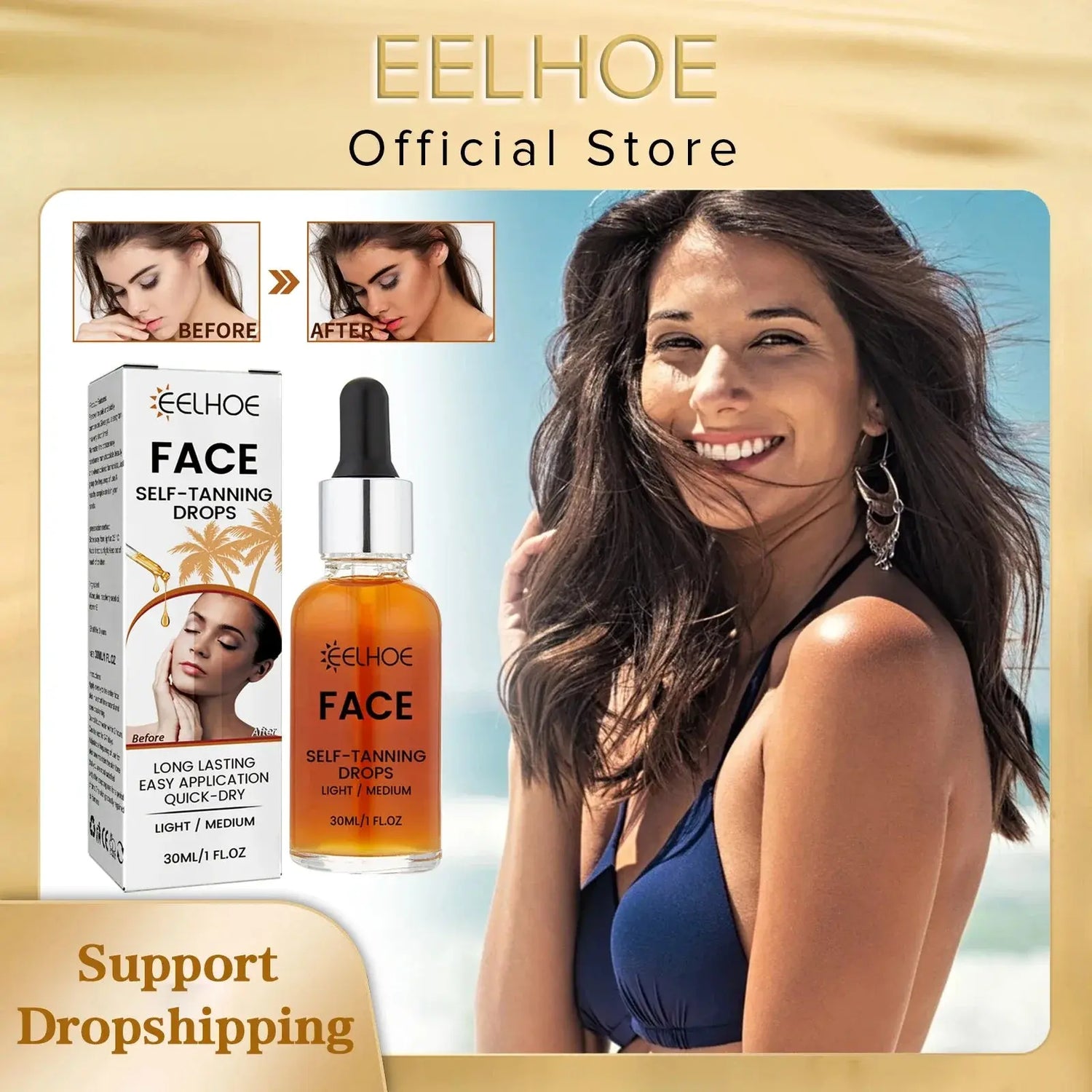 EELHOE Self Tanning Drops Sunless Skin Tanning Oil Liquid Dark Self Tanner Water Serum for Face Body Fake Indoor Tan Lotion 30ml BareGlow