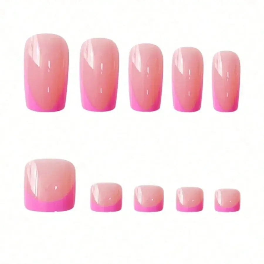 24Pcs French Pink Square Nail & Toenail Combo Kit, Removable Reusable Press On Nails For Daily Wear BareGlow