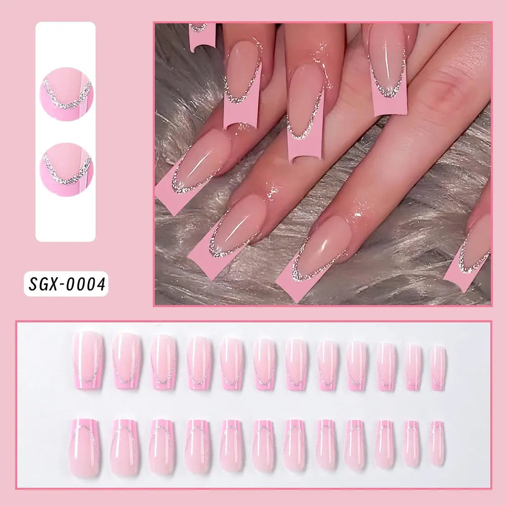 24Pcs Short Square Coffin False Nails French Glitter Wearable Fake Nails Tip Acrylic Full Cover Women Ballet Press on Nails BareGlow