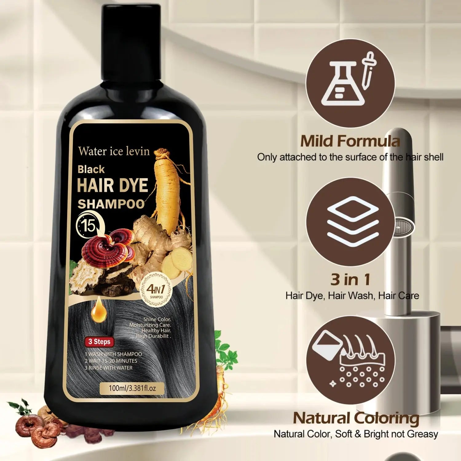 Water Ice Levin Black Hair Dye Shampoo 4-in-1 Mild Natural Herbal Ingredients 15 Minutes Fast Coloring Moisturizing Care 100ml BareGlow