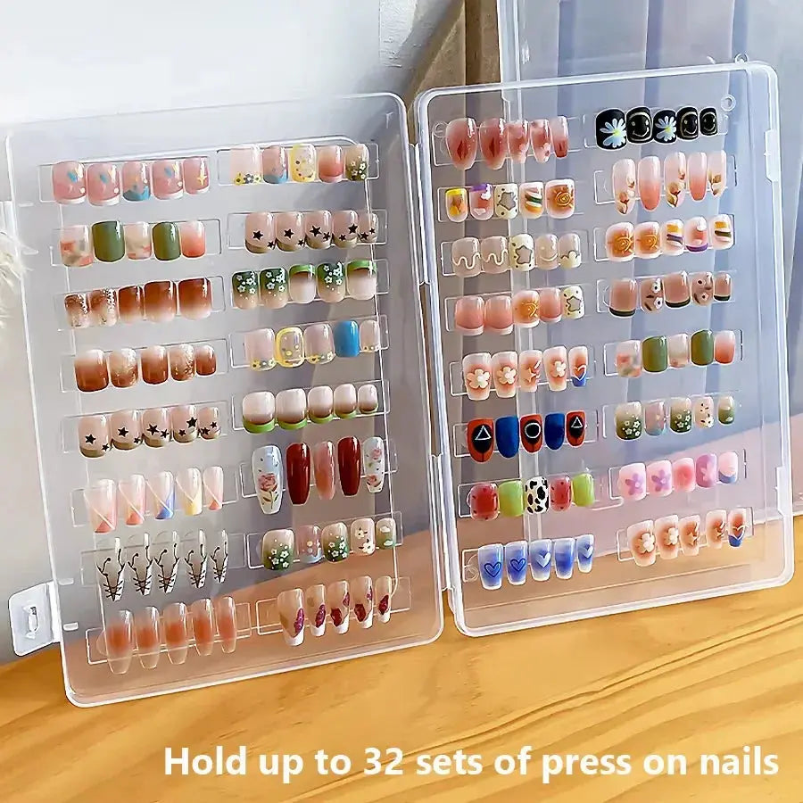 Empty Press on Nails Storage Box False Nail Packaging Set with Double-sided Adhesive Tape And 10 Acrylic Nail Display Sticks BareGlow
