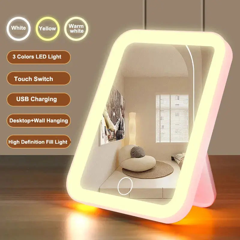 3 Colors LED Vanity Mirror with Touch Screen USB Rechargeable Dimming Makeup Mirror 3 Brightness Portable BareGlow