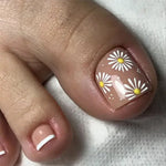 2026 New French False Toe Nails with Heart Rhinestone Design White Edge Summer Press on Toenails Fashion Fake Toenail Patches BareGlow