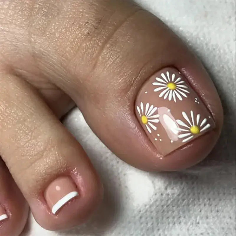 2026 New French False Toe Nails with Heart Rhinestone Design White Edge Summer Press on Toenails Fashion Fake Toenail Patches BareGlow