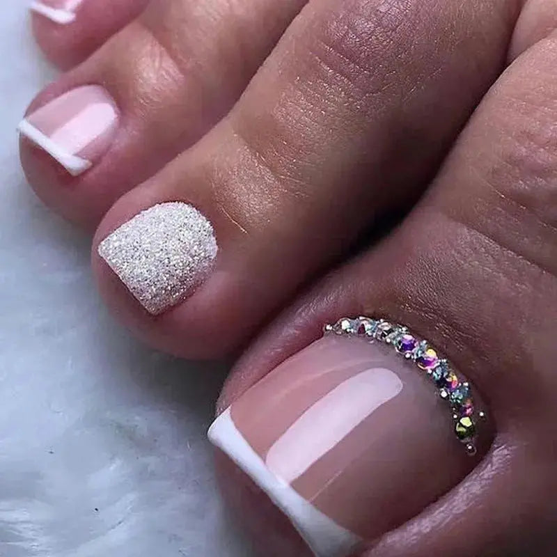24Pcs Short Square Head French Fake Toenails with 3D Flower Design Press on False Nails Pink Simple Wearable Full Cover Nail Tip BareGlow
