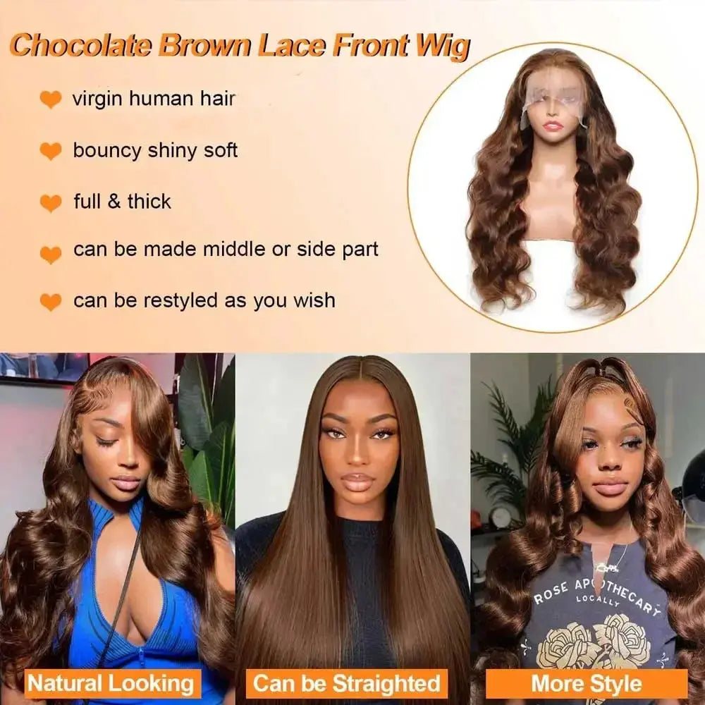 30 40 Inch Chocolate Brown Body Wave Human Hair Wigs 13X4 HD Lace Frontal WIgs For Women Colored Wet And Wavy Lace Front Wig BareGlow