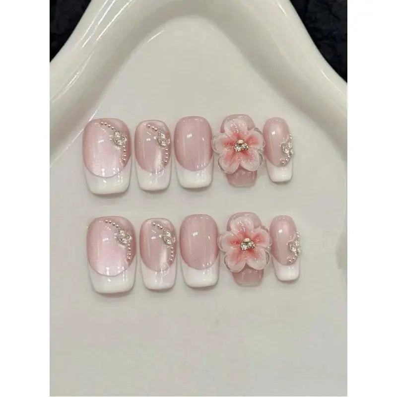 10 Pieces Medium Square Hand Press Nails, Suitable For Party And Daily Wear, Pink, Pink Nails BareGlow