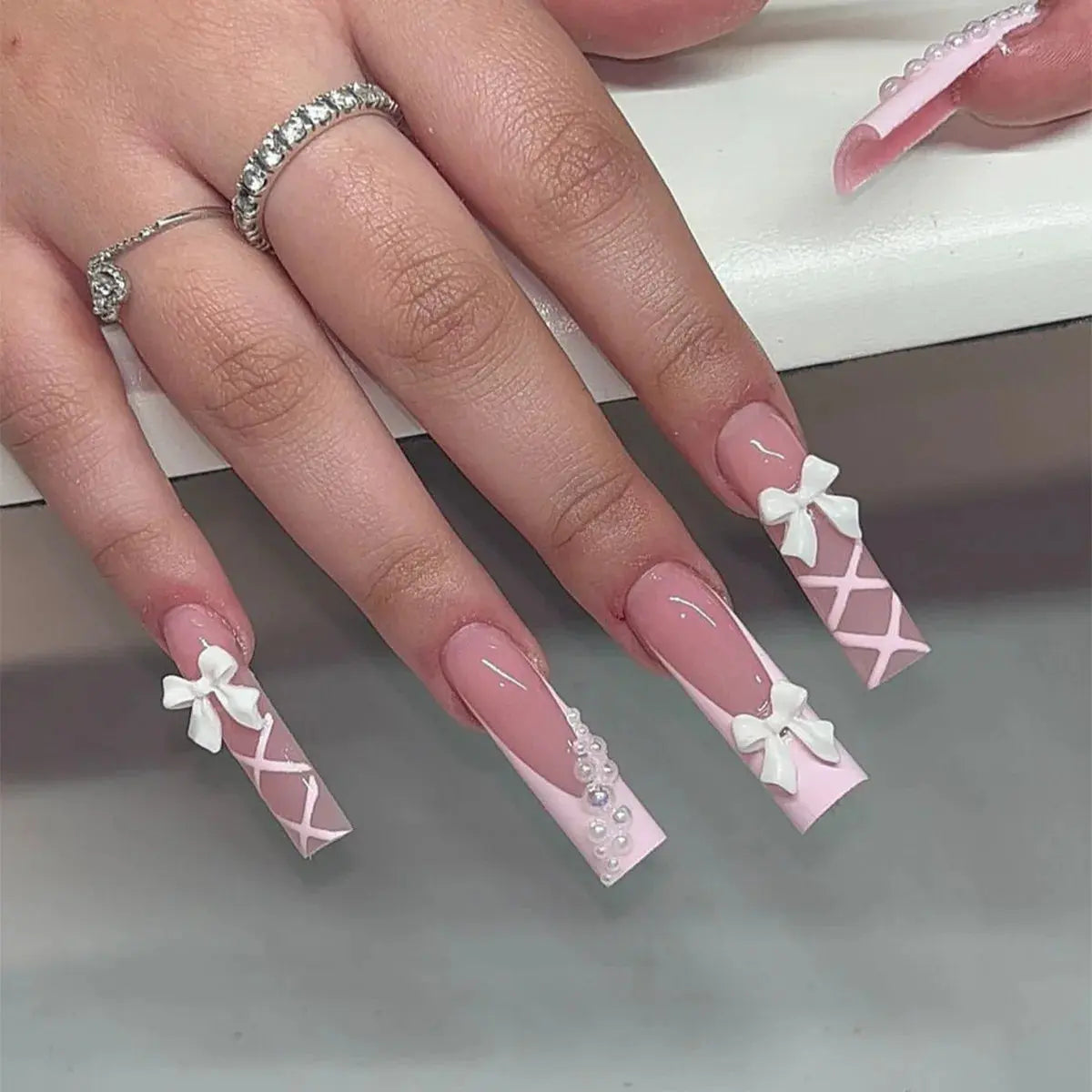 White French Press on Nails 3D Bowknot Fake Nails Tips Full Cover Wearable False Nails for Women and Girls DIY Manicure 24Pcs BareGlow