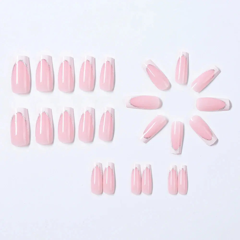 24Pcs Short Square Coffin False Nails French Glitter Wearable Fake Nails Tip Acrylic Full Cover Women Ballet Press on Nails BareGlow