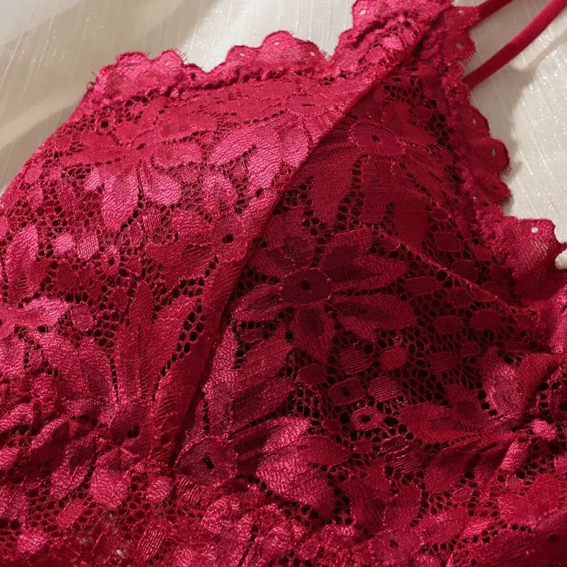 Women's Sexy Lace Bra Suit Solid Set Beautiful Back Hollow Out No Steel Ring Underwear With Lace Flower Breathable Panties BareGlow