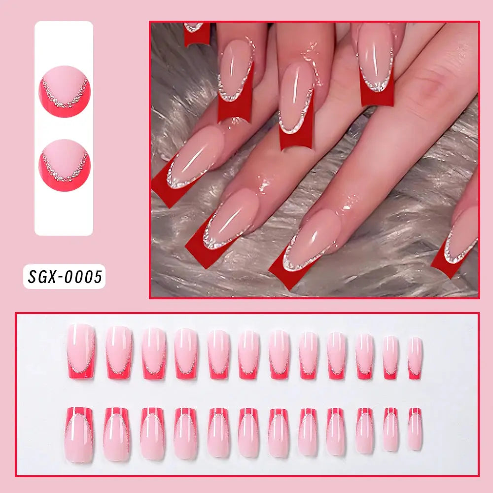24Pcs Short Square Coffin False Nails French Glitter Wearable Fake Nails Tip Acrylic Full Cover Women Ballet Press on Nails BareGlow