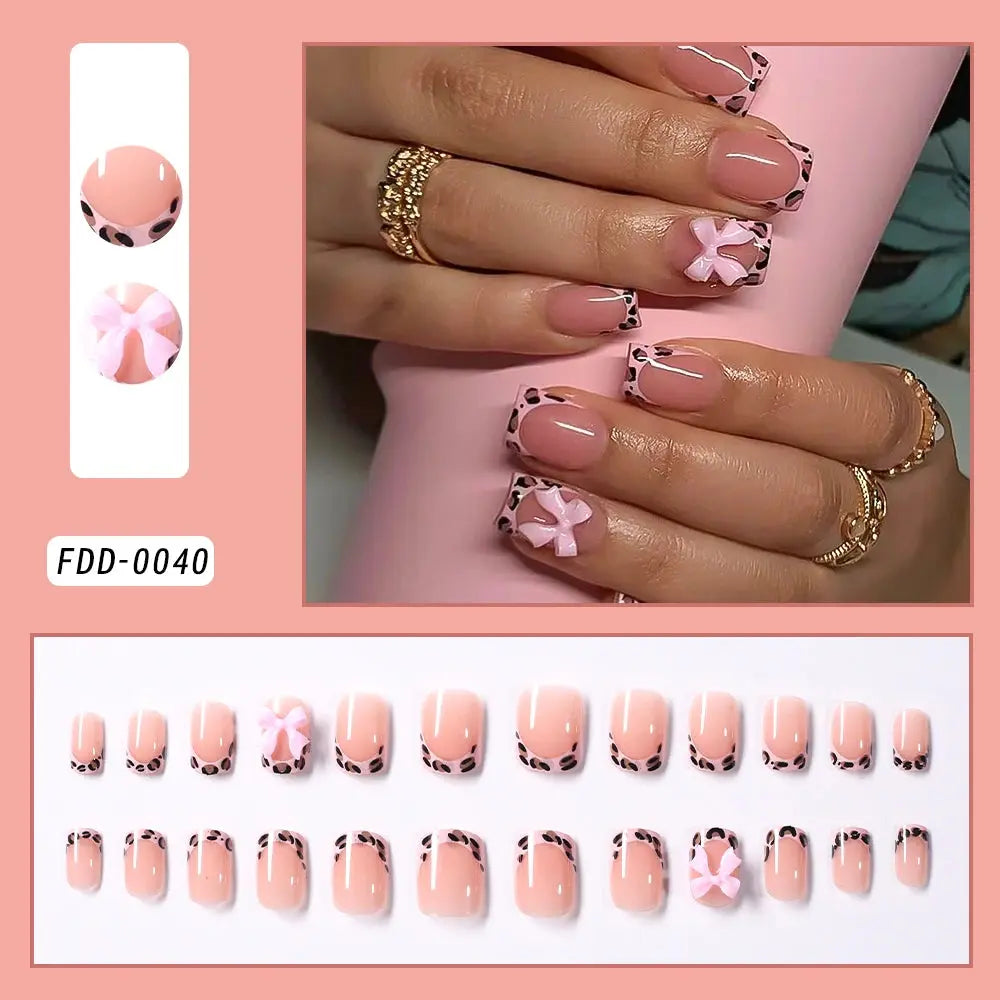 24Pcs White Pink Flower Acrylic Fake Nails Short Square French False Nail Wearable Full Cover Artificial Press on Nail For Women BareGlow