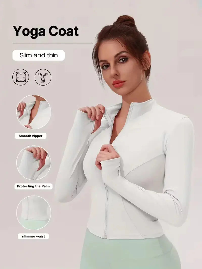 Women Slim Fit Stand Collar Sports Jacket Zip Up Yoga Jacket Quick Dry Slim Waist Running Workout Coat For Spring BareGlow