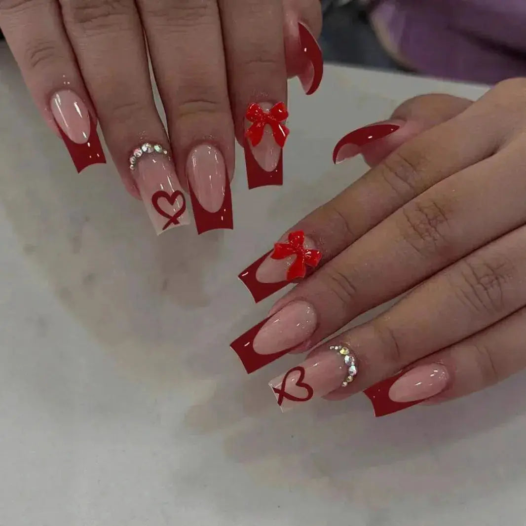 White French Press on Nails 3D Bowknot Fake Nails Tips Full Cover Wearable False Nails for Women and Girls DIY Manicure 24Pcs BareGlow