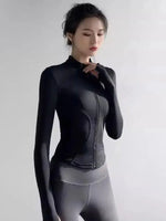 Women Slim Fit Stand Collar Sports Jacket Zip Up Yoga Jacket Quick Dry Slim Waist Running Workout Coat For Spring BareGlow