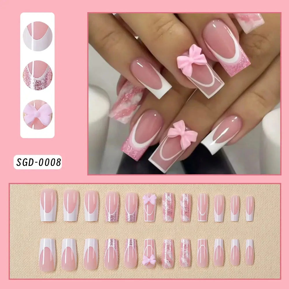 24Pcs Short Square Coffin False Nails French Glitter Wearable Fake Nails Tip Acrylic Full Cover Women Ballet Press on Nails BareGlow