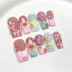 10Pcs 3D Green Flower Handmade Press on Nails French Fake Nails Wearable Stick-on Nails False Nail Uñas Накладные Ногти 네일팁 BareGlow