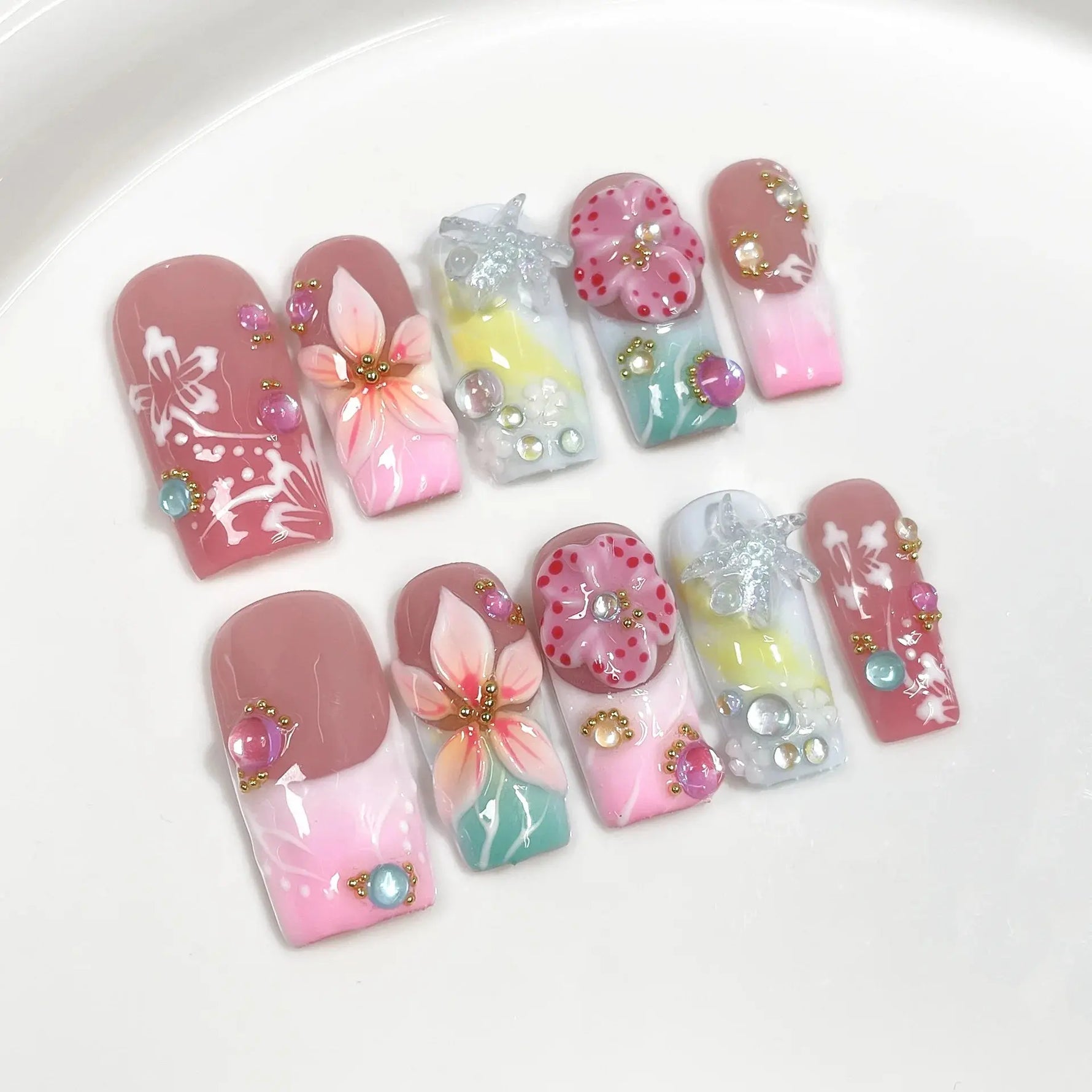 10Pcs 3D Green Flower Handmade Press on Nails French Fake Nails Wearable Stick-on Nails False Nail Uñas Накладные Ногти 네일팁 BareGlow