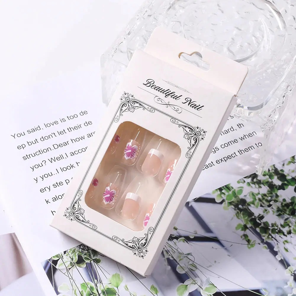 24Pcs White Pink Flower Acrylic Fake Nails Short Square French False Nail Wearable Full Cover Artificial Press on Nail For Women BareGlow