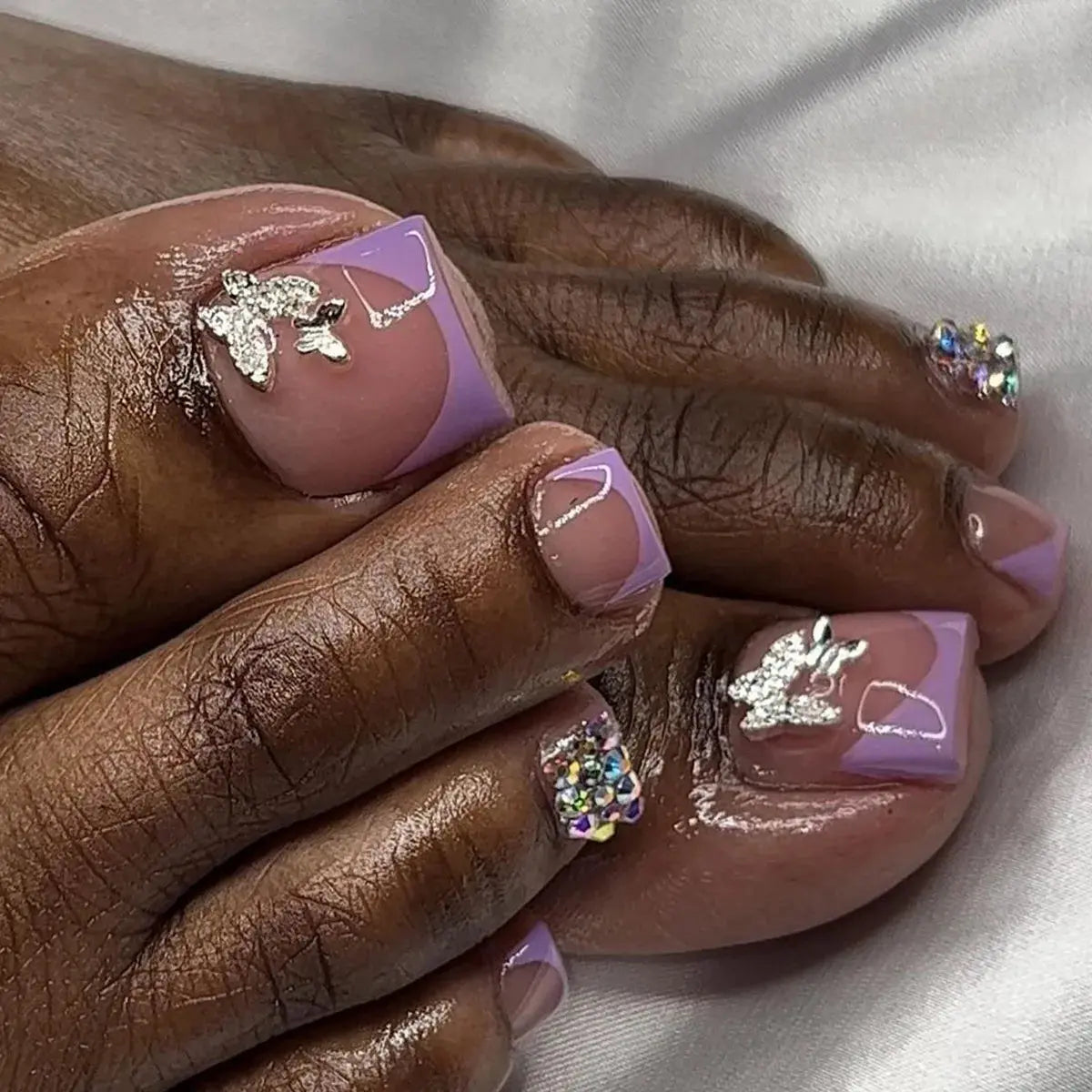 Shiny Rhinestone Purple French Fake Toenails Butterfly Summer Fashion Toe False Nails Detachable Press on Toenails with Glue BareGlow
