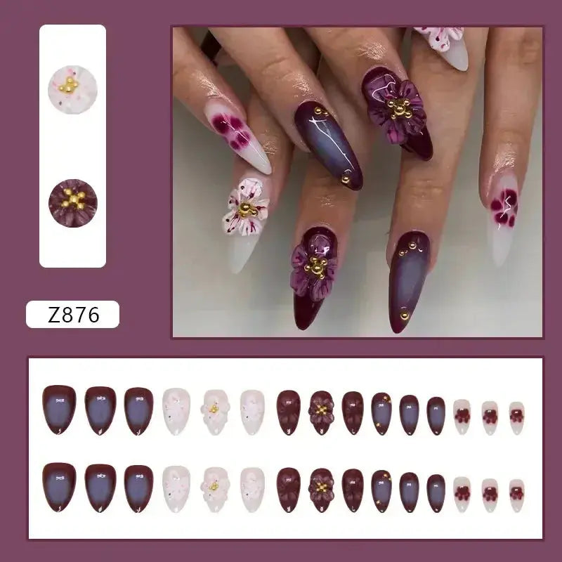 24 Pcs Pink French 3D Flower Decorations for Fake Nails Almond Press on Nails Acrylic Artificial Reusable False Nails Self-nail BareGlow