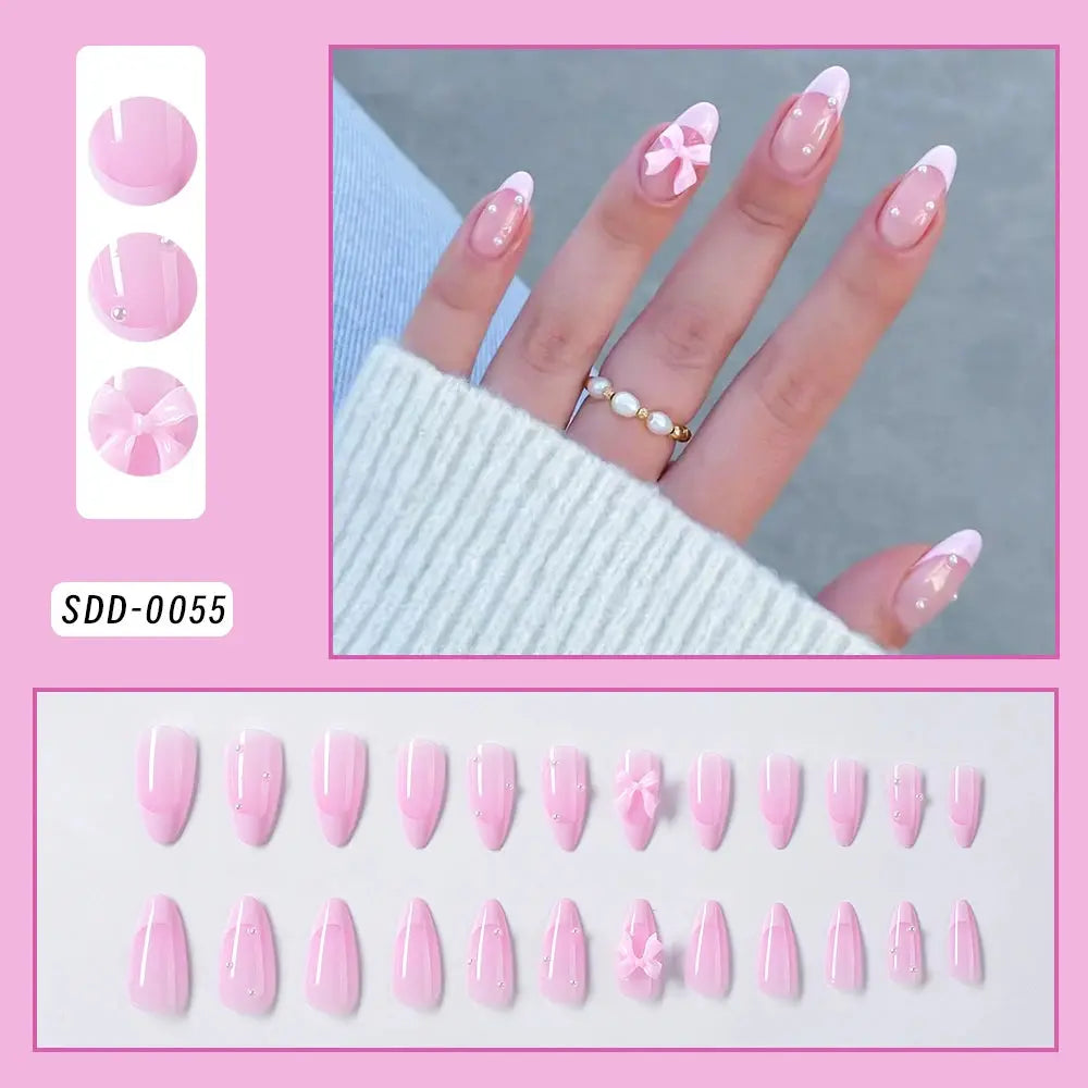 24Pcs Short Square Coffin False Nails French Glitter Wearable Fake Nails Tip Acrylic Full Cover Women Ballet Press on Nails BareGlow