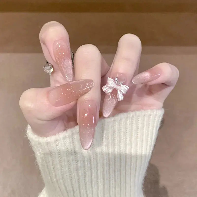 White French Press on Nails 3D Bowknot Fake Nails Tips Full Cover Wearable False Nails for Women and Girls DIY Manicure 24Pcs BareGlow