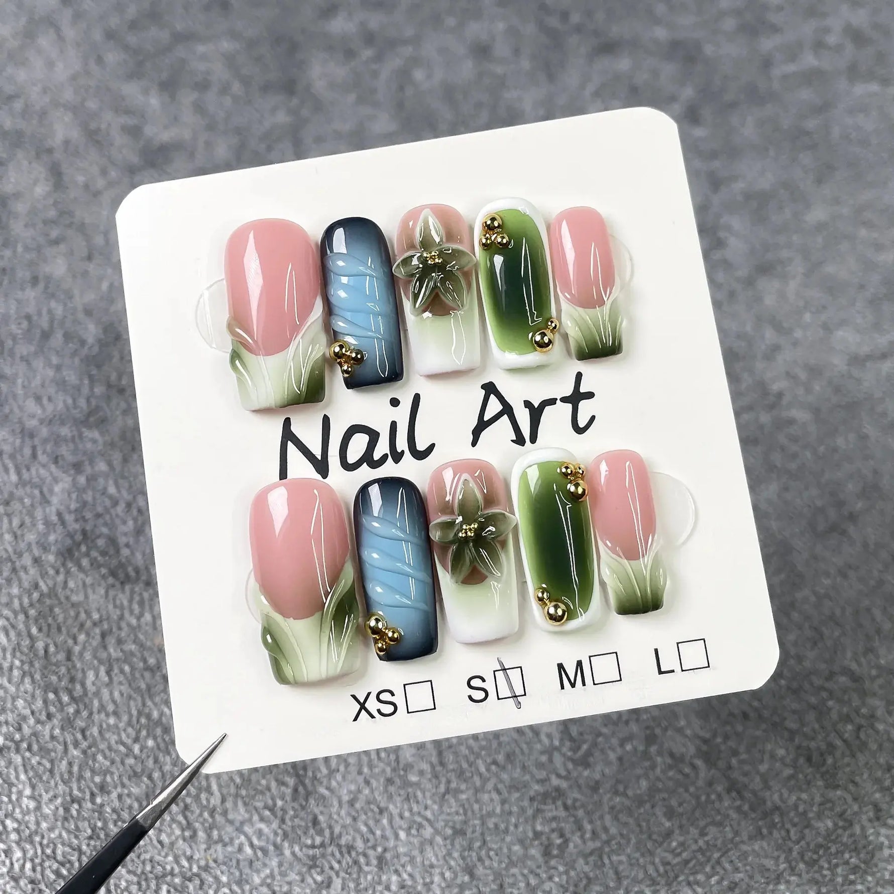 10Pcs 3D Green Flower Handmade Press on Nails French Fake Nails Wearable Stick-on Nails False Nail Uñas Накладные Ногти 네일팁 BareGlow
