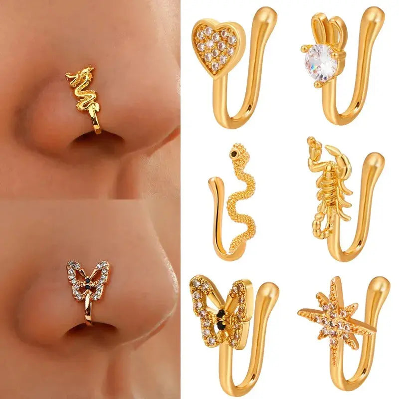 Fashion Gold Color Dragon Butterfly Fake Nose Ring for Women Africa Copper Helix U Shape Faux Aro Nariz Piercing BareGlow