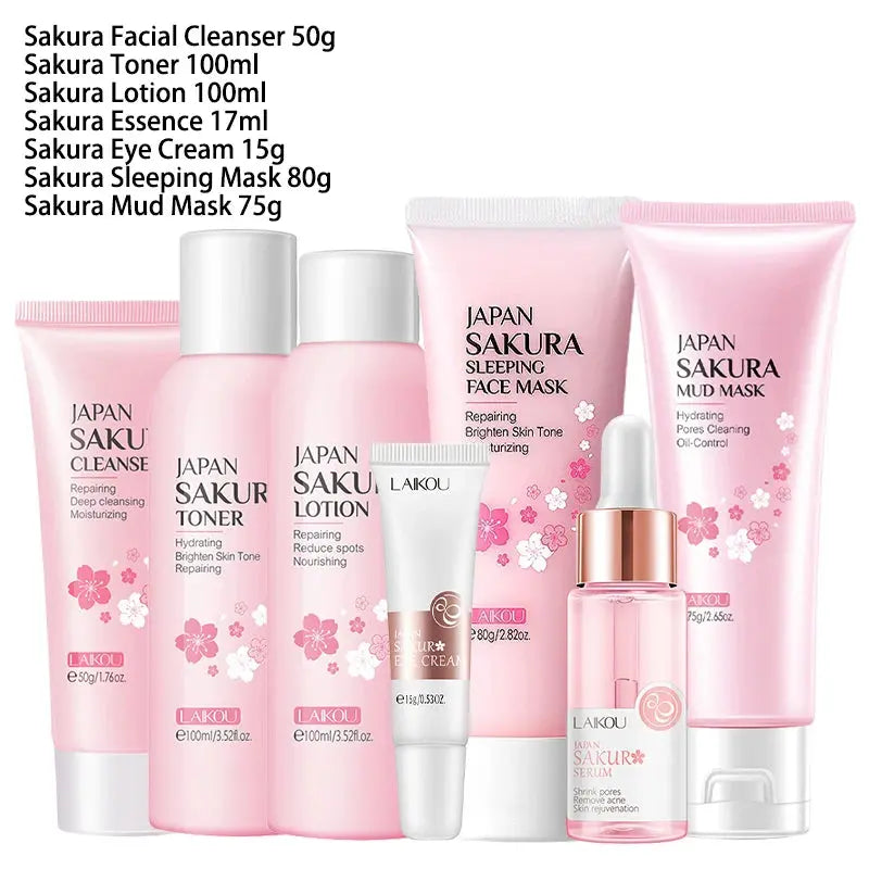 9pcs Facial Products Kit Sakura Skin Care Set Facial Cleanser Face Cream Sunscreen Facial Mask Eye Cream Korean Skincare Product BareGlow