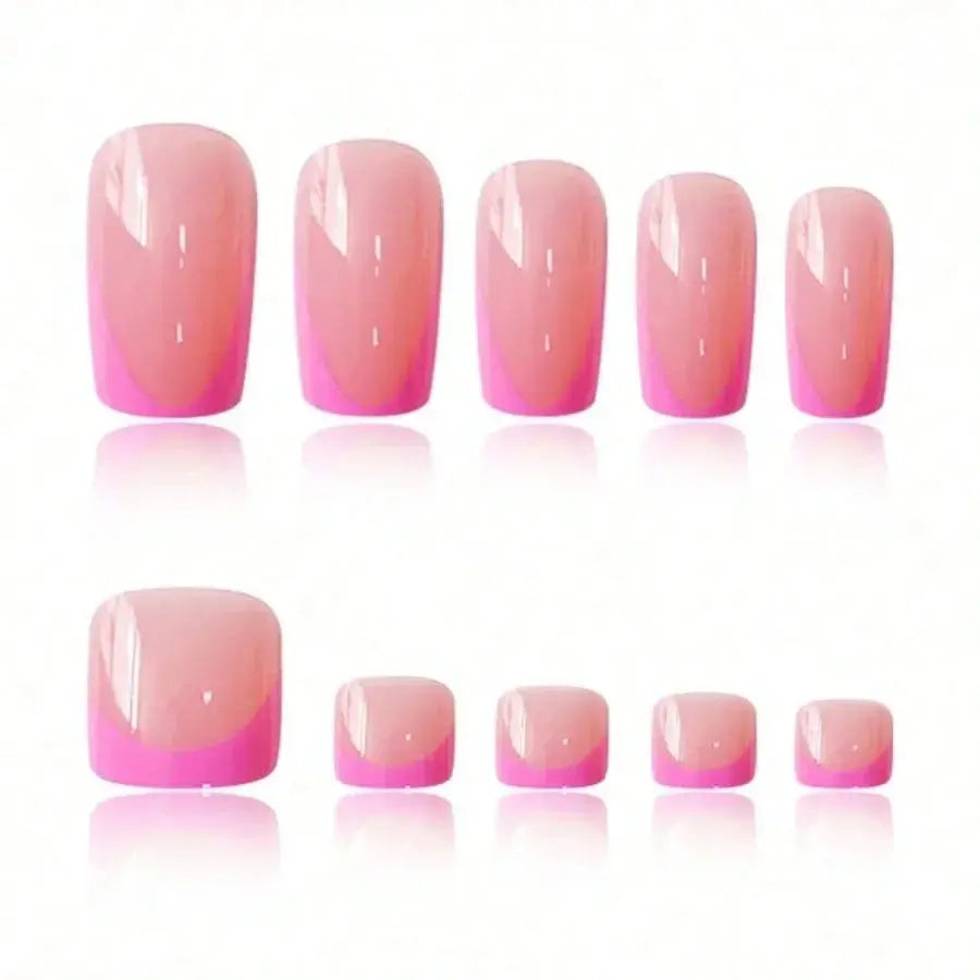 24Pcs French Pink Square Nail & Toenail Combo Kit, Removable Reusable Press On Nails For Daily Wear BareGlow