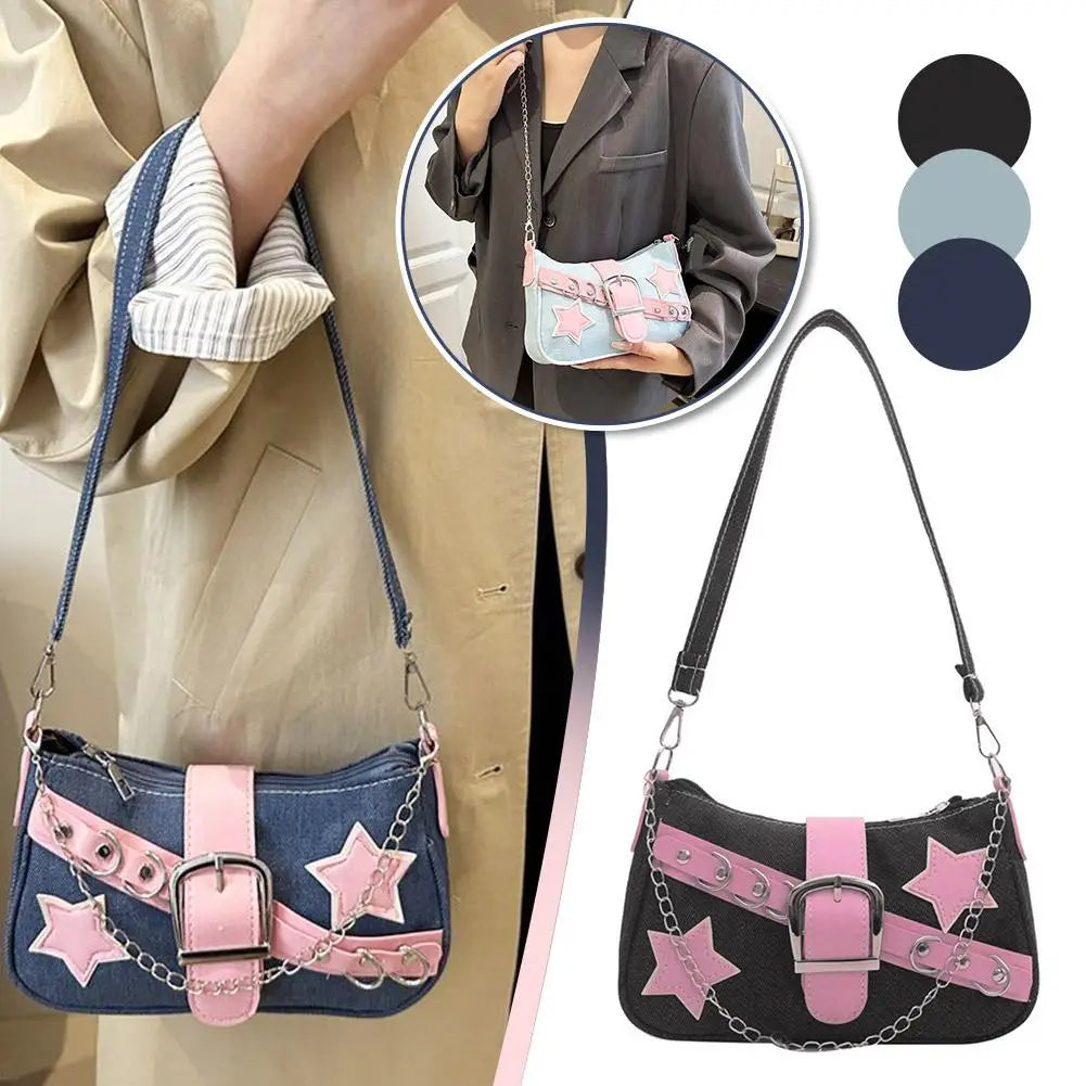 Fashion Women's Handbags Denim Stars Pattern Cool Girls Underarm Bag Female Small Shoulder Hobo Bags Chain Tote Bag