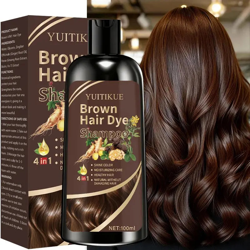 YUITIKUE Brown Hair Dye Shampoo | 4-in-1 Color, Moisturize, Nourish, Natural Ginger Formula 100ml BareGlow