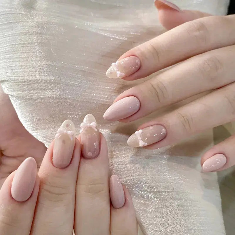 White French Press on Nails 3D Bowknot Fake Nails Tips Full Cover Wearable False Nails for Women and Girls DIY Manicure 24Pcs BareGlow