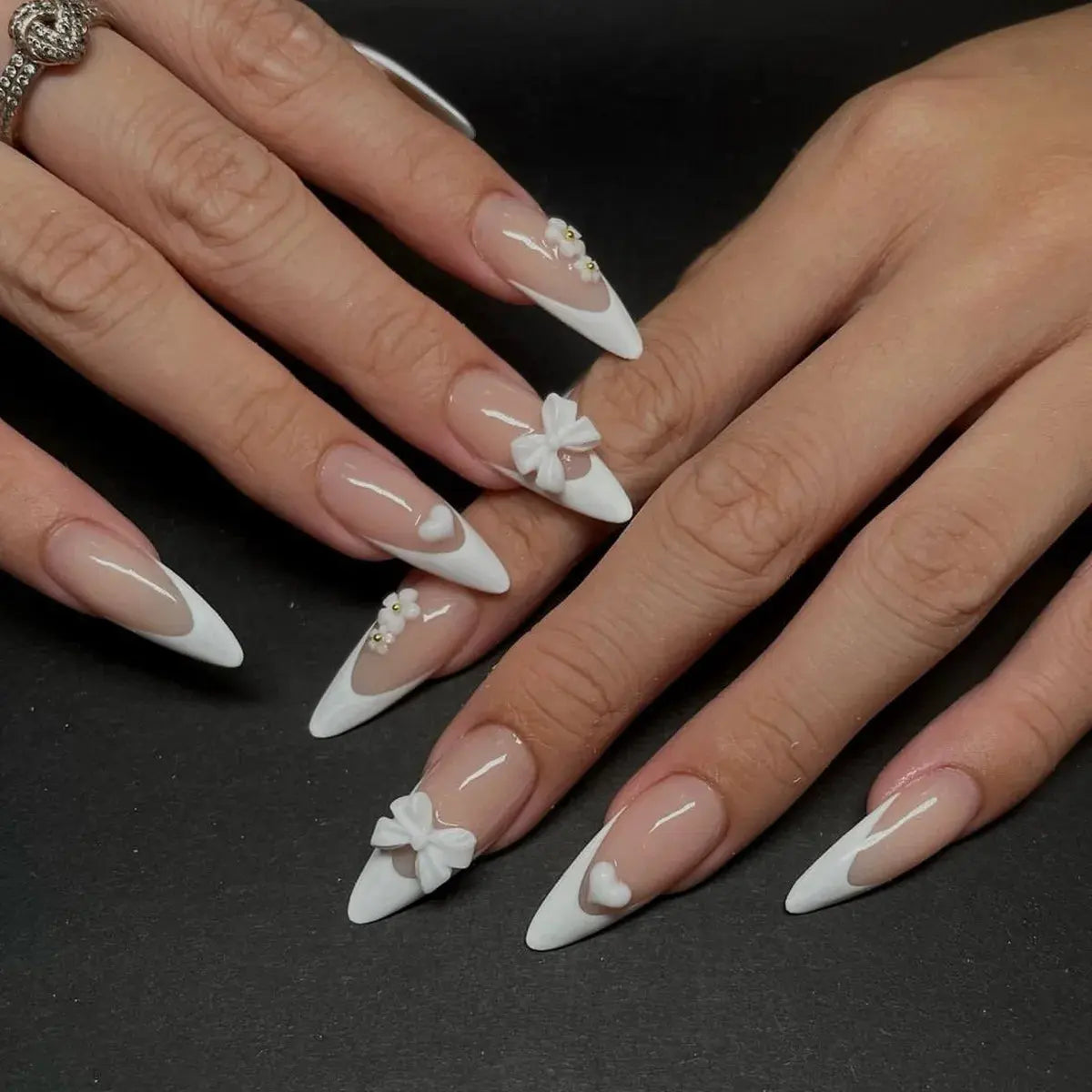 White French Press on Nails 3D Bowknot Fake Nails Tips Full Cover Wearable False Nails for Women and Girls DIY Manicure 24Pcs BareGlow