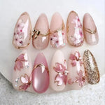 Press on Acrylic Nails Almond Full Cover Fake Nail with 3D Yellow Peach Floral False Nails with Glue Detachable Stick on Nails BareGlow