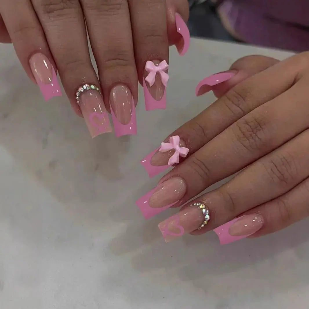 White French Press on Nails 3D Bowknot Fake Nails Tips Full Cover Wearable False Nails for Women and Girls DIY Manicure 24Pcs BareGlow