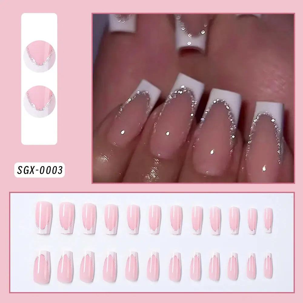 24Pcs White Pink Flower Acrylic Fake Nails Short Square French False Nail Wearable Full Cover Artificial Press on Nail For Women BareGlow