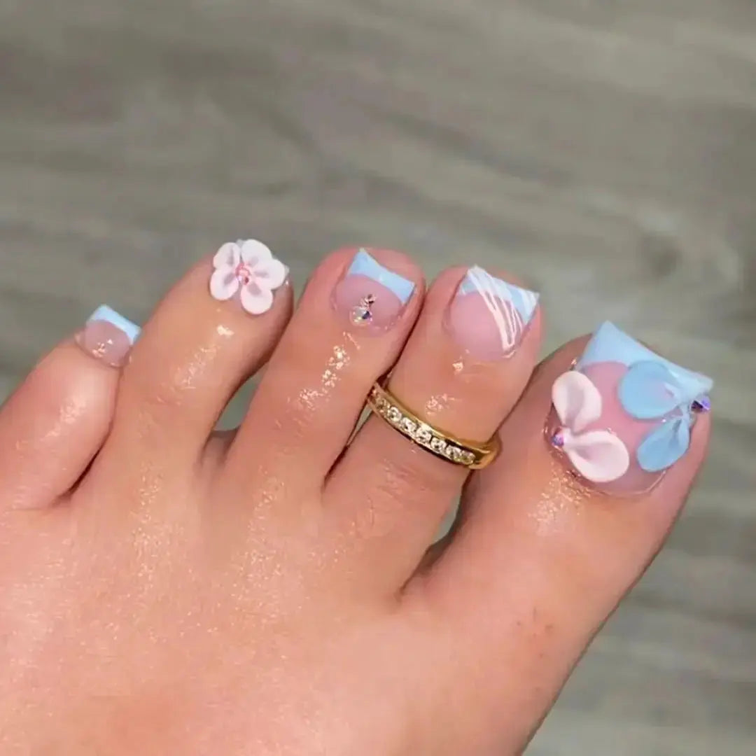 24Pcs Short Square Head French Fake Toenails with 3D Flower Design Press on False Nails Pink Simple Wearable Full Cover Nail Tip BareGlow