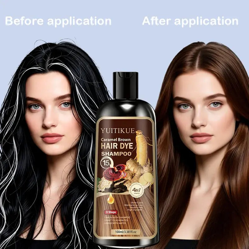 YUITIKUE 4-in-1 Caramel Brown Hair Dye Shampoo 100ml - Natural Instant Color Shampoo with Moisturizing Care BareGlow