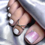 2026 New French False Toe Nails with Heart Rhinestone Design White Edge Summer Press on Toenails Fashion Fake Toenail Patches BareGlow