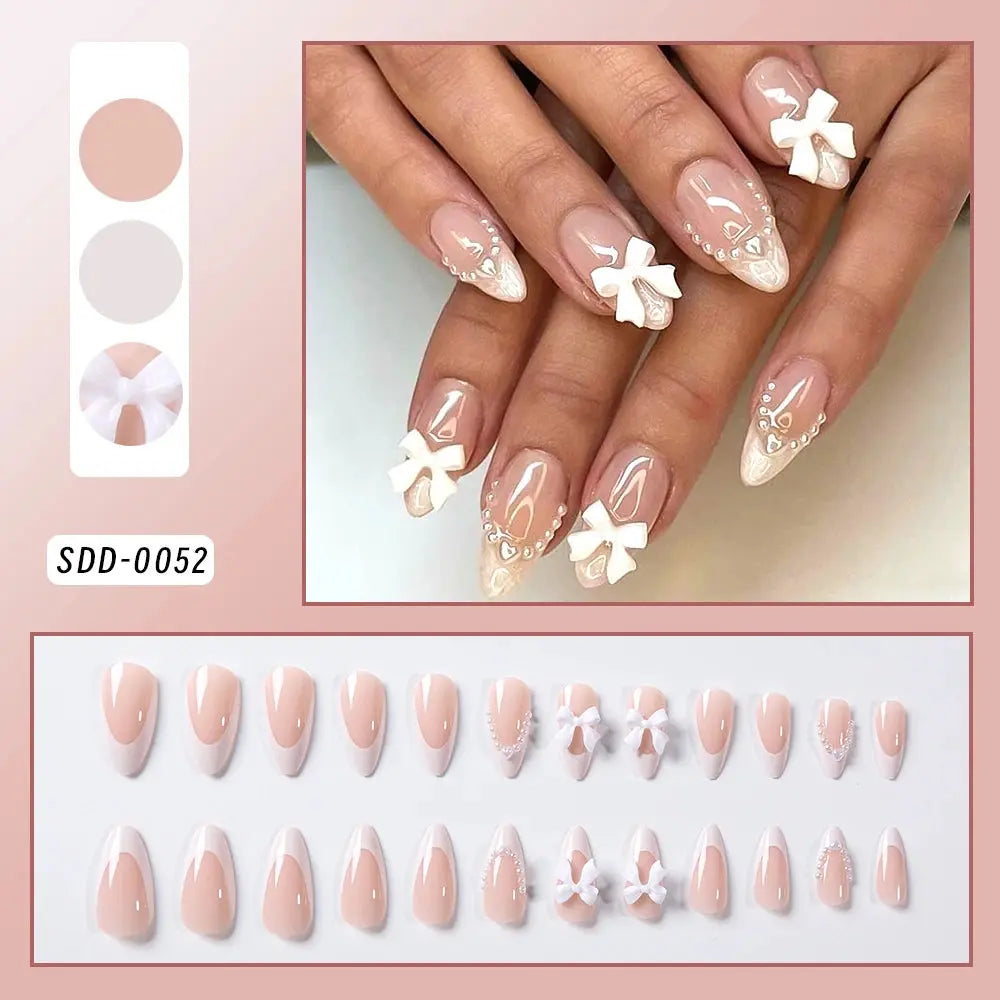 24Pcs White Pink Flower Acrylic Fake Nails Short Square French False Nail Wearable Full Cover Artificial Press on Nail For Women BareGlow