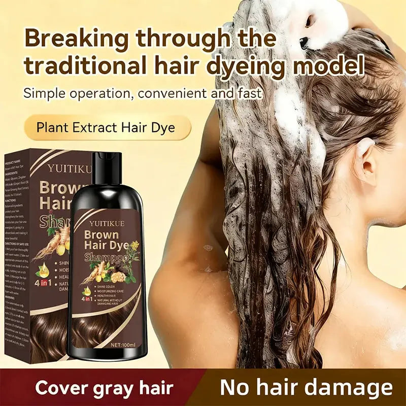 YUITIKUE Brown Hair Dye Shampoo | 4-in-1 Color, Moisturize, Nourish, Natural Ginger Formula 100ml BareGlow