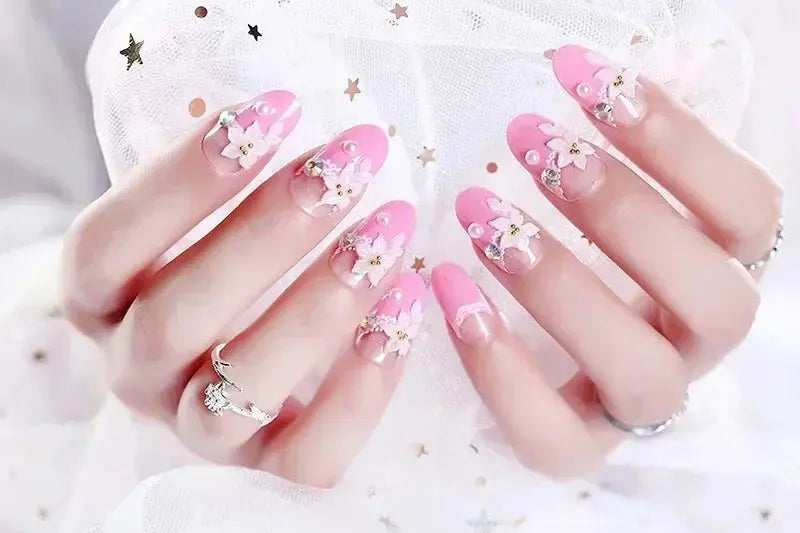 Press on Acrylic Nails Almond Full Cover Fake Nail with 3D Yellow Peach Floral False Nails with Glue Detachable Stick on Nails BareGlow