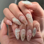 Press on Acrylic Nails Almond Full Cover Fake Nail with 3D Yellow Peach Floral False Nails with Glue Detachable Stick on Nails BareGlow